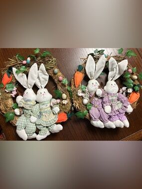 Easter Bunny Wreath with Carrots and Flowers set of 2